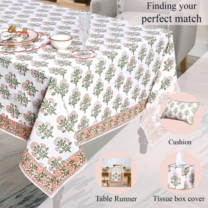Mughal Buta Peach Hand Block Print Cotton Tablecloth 102 x 48 Inch