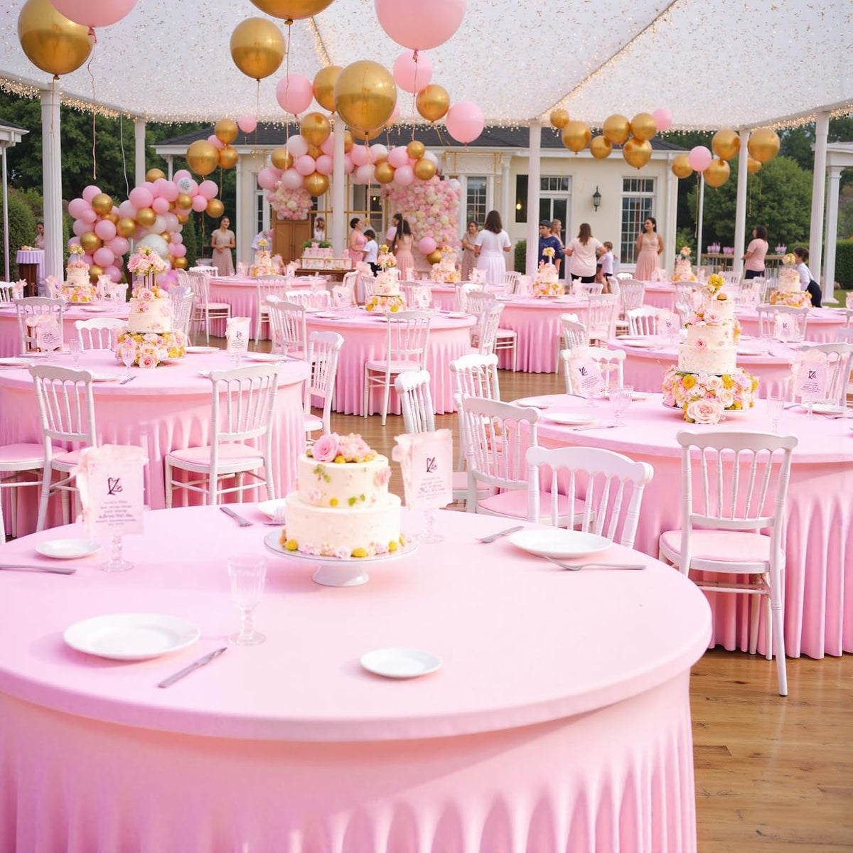 6 Pack Spandex Pink Round Tablecloths for 60in Tables, 120Inch Stretchy Fitted 5FT Round Table Clothes,Wrinkle Free Table Cover with Skirt for Wedding Party Dining Banquet