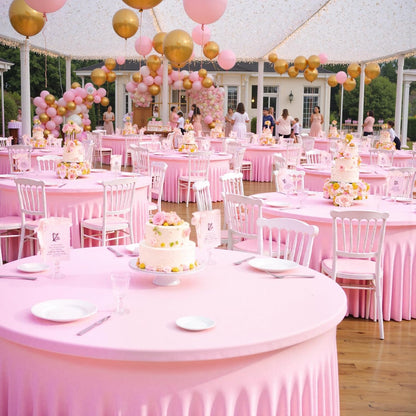 6 Pack Spandex Pink Round Tablecloths for 60in Tables, 120Inch Stretchy Fitted 5FT Round Table Clothes,Wrinkle Free Table Cover with Skirt for Wedding Party Dining Banquet