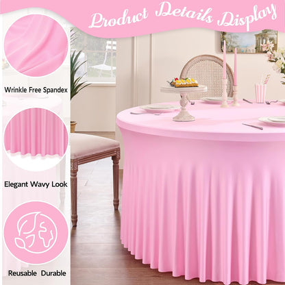 6 Pack Spandex Pink Round Tablecloths for 60in Tables, 120Inch Stretchy Fitted 5FT Round Table Clothes,Wrinkle Free Table Cover with Skirt for Wedding Party Dining Banquet