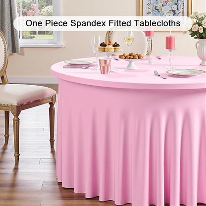 6 Pack Spandex Pink Round Tablecloths for 60in Tables, 120Inch Stretchy Fitted 5FT Round Table Clothes,Wrinkle Free Table Cover with Skirt for Wedding Party Dining Banquet