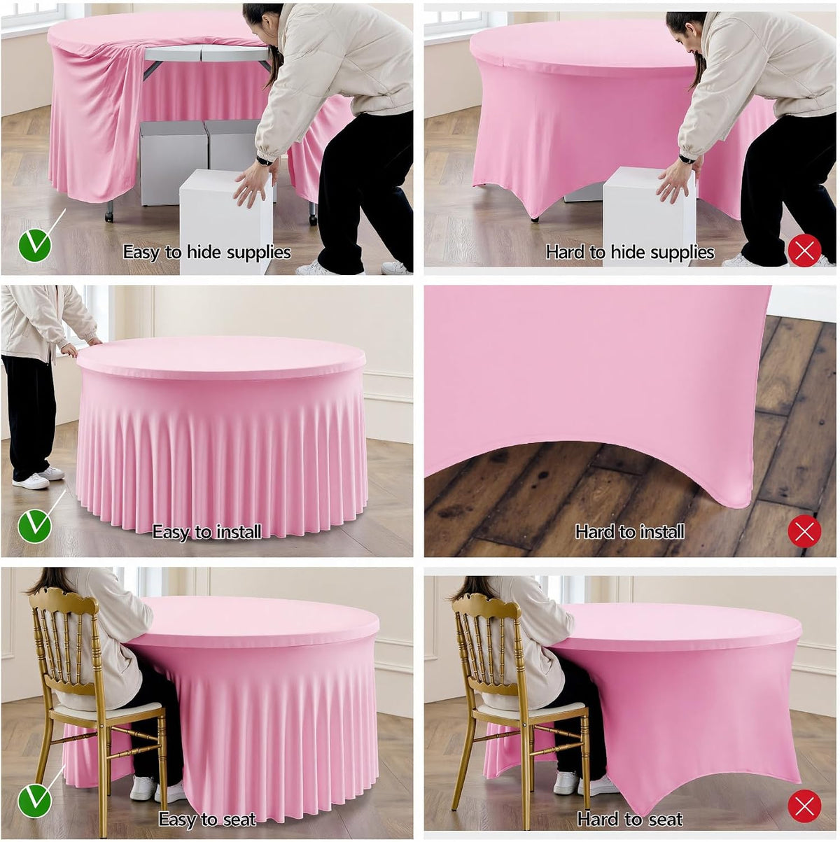 6 Pack Spandex Pink Round Tablecloths for 60in Tables, 120Inch Stretchy Fitted 5FT Round Table Clothes,Wrinkle Free Table Cover with Skirt for Wedding Party Dining Banquet