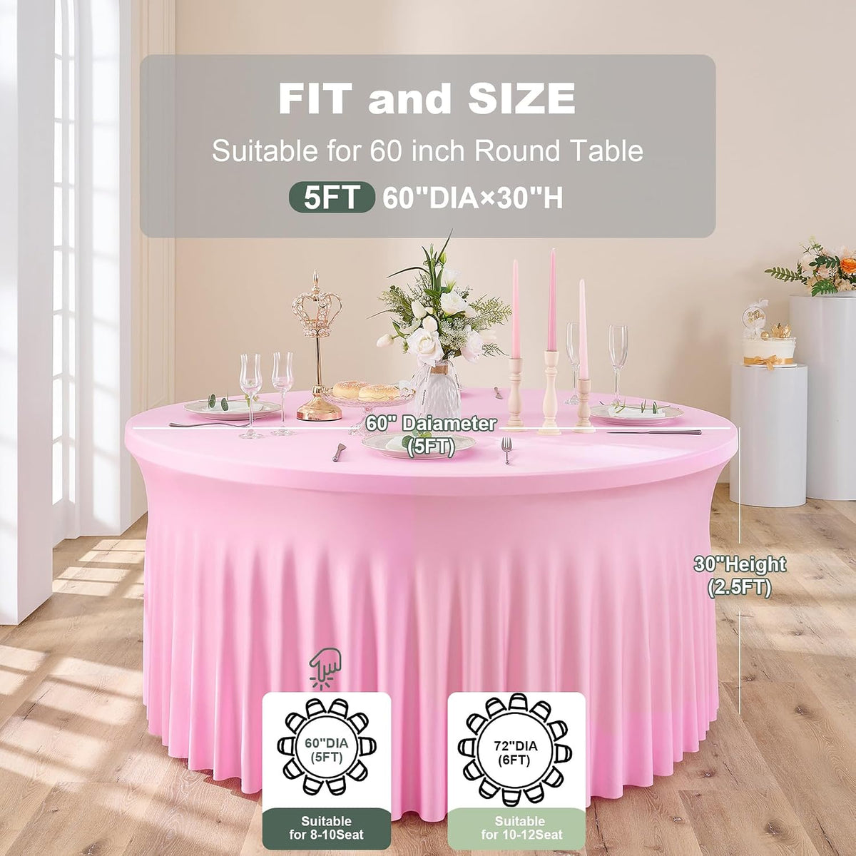 6 Pack Spandex Pink Round Tablecloths for 60in Tables, 120Inch Stretchy Fitted 5FT Round Table Clothes,Wrinkle Free Table Cover with Skirt for Wedding Party Dining Banquet