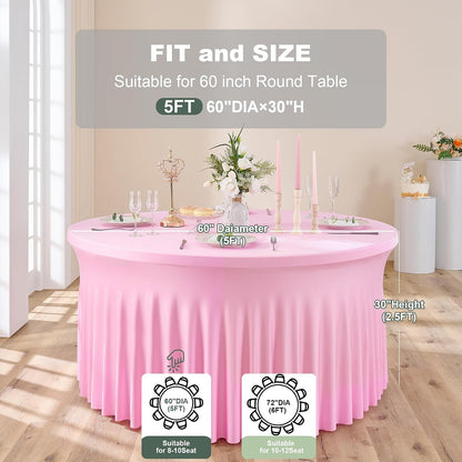 6 Pack Spandex Pink Round Tablecloths for 60in Tables, 120Inch Stretchy Fitted 5FT Round Table Clothes,Wrinkle Free Table Cover with Skirt for Wedding Party Dining Banquet