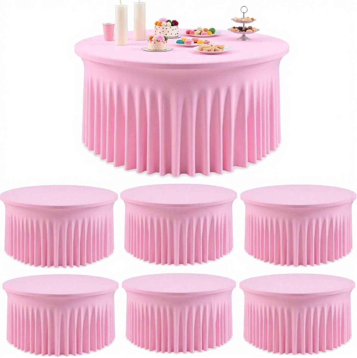 6 Pack Spandex Pink Round Tablecloths for 60in Tables, 120Inch Stretchy Fitted 5FT Round Table Clothes,Wrinkle Free Table Cover with Skirt for Wedding Party Dining Banquet