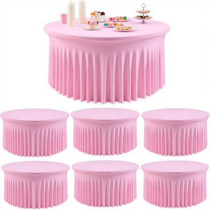 6 Pack Spandex Pink Round Tablecloths for 60in Tables, 120Inch Stretchy Fitted 5FT Round Table Clothes,Wrinkle Free Table Cover with Skirt for Wedding Party Dining Banquet
