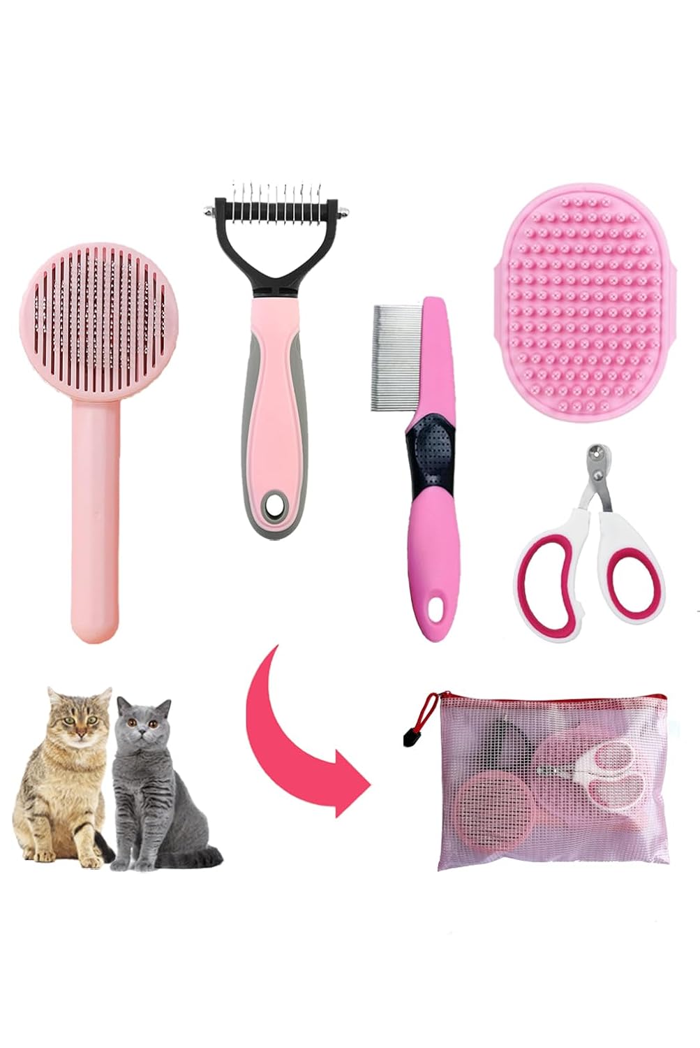 Grooming Kit for Indoor Long-Haired Cats - Self-Cleaning Brushes for Shedding and Matted Fur, Flea Comb Set, Pink
