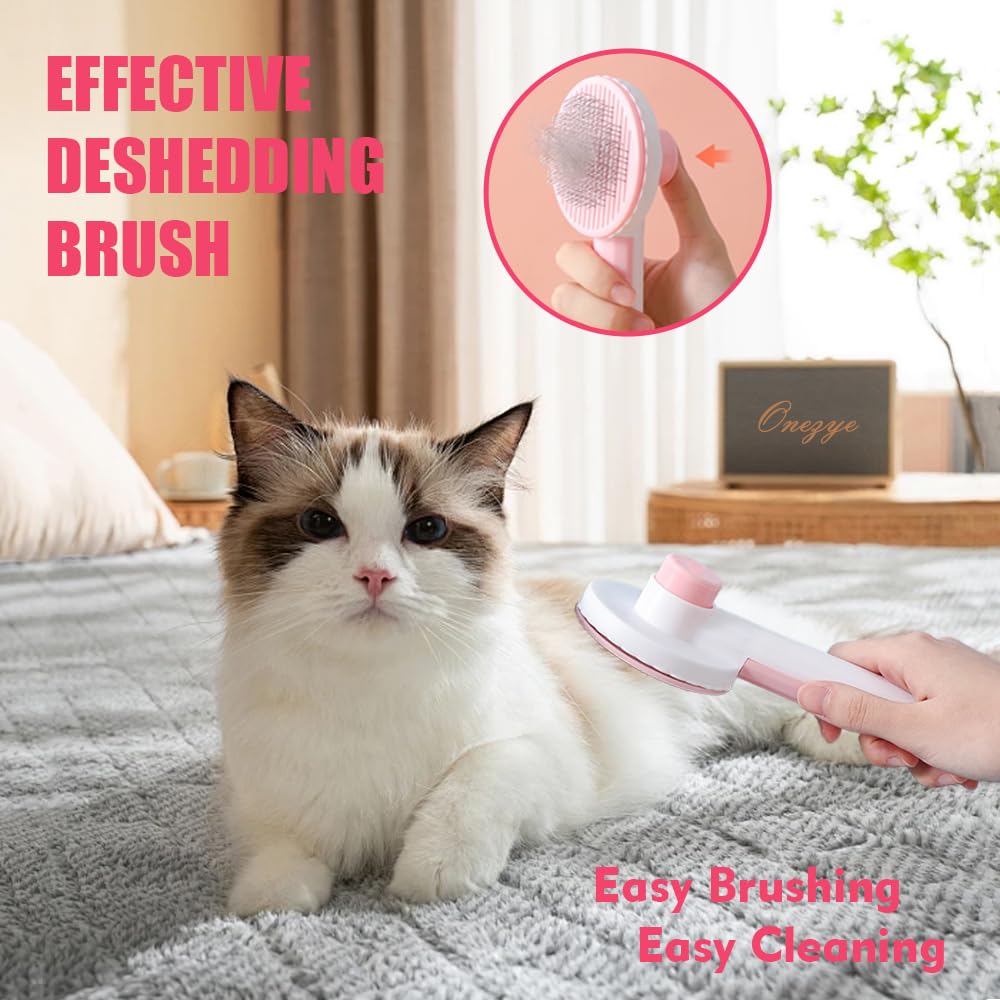 Grooming Kit for Indoor Long-Haired Cats - Self-Cleaning Brushes for Shedding and Matted Fur, Flea Comb Set, Pink