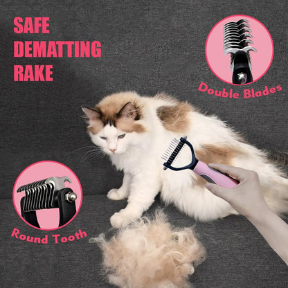 Grooming Kit for Indoor Long-Haired Cats - Self-Cleaning Brushes for Shedding and Matted Fur, Flea Comb Set, Pink
