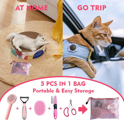 Grooming Kit for Indoor Long-Haired Cats - Self-Cleaning Brushes for Shedding and Matted Fur, Flea Comb Set, Pink