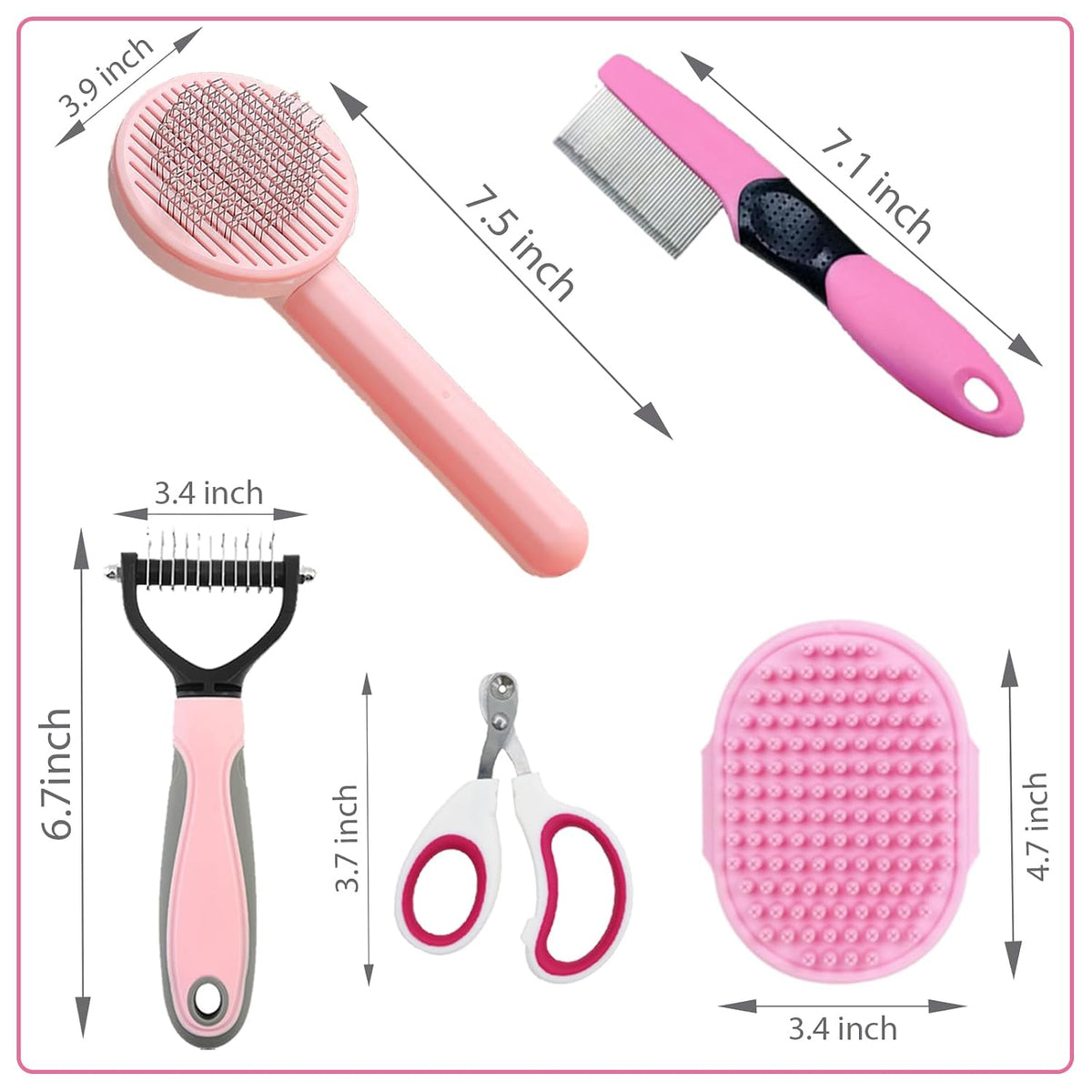 Grooming Kit for Indoor Long-Haired Cats - Self-Cleaning Brushes for Shedding and Matted Fur, Flea Comb Set, Pink