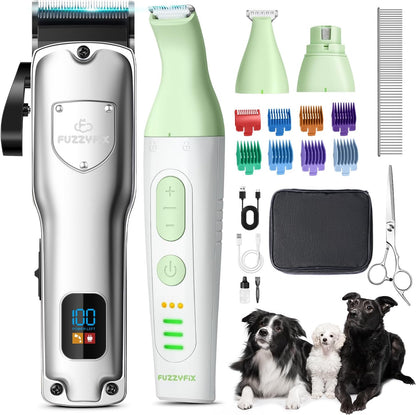 Dog Grooming Kit, Dog Clippers for Grooming for Thick Heavy Curly Coats, Professional Pet Paw Trimmer with Nail Grinder Low Noise Rechargeable Stainless Steel Hair Trimmer for Dogs Cats