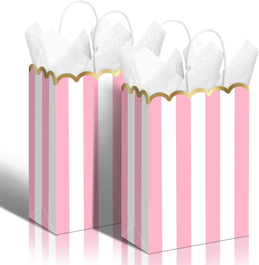 24 Pcs Pink and White Striped Gift Bags with Handles Gold Scalloped Edge Candy Goodie Treat Bags for Carnival Party Favors Circus Themed Birthday Supplies
