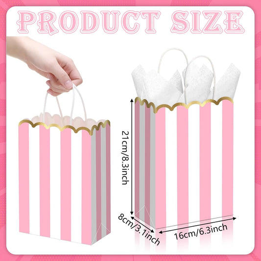 24 Pcs Pink and White Striped Gift Bags with Handles Gold Scalloped Edge Candy Goodie Treat Bags for Carnival Party Favors Circus Themed Birthday Supplies