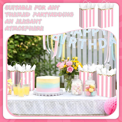 24 Pcs Pink and White Striped Gift Bags with Handles Gold Scalloped Edge Candy Goodie Treat Bags for Carnival Party Favors Circus Themed Birthday Supplies