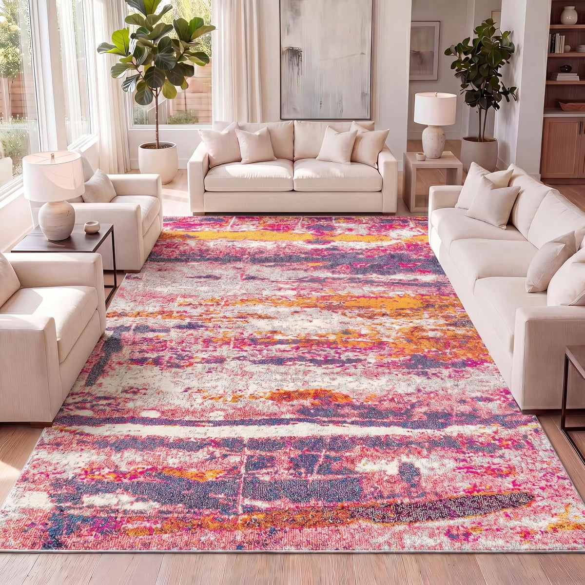 Modern Abstract Brushstroke Pink/Cream Indoor Area Rug, 4x6, Contemporary POP, Transitional, Easy-Cleaning for Living Room, Bedroom, Kitchen, Pet Friendly, Non-Shedding (CTP102B-4)