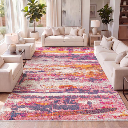 Modern Abstract Brushstroke Pink/Cream Indoor Area Rug, 4x6, Contemporary POP, Transitional, Easy-Cleaning for Living Room, Bedroom, Kitchen, Pet Friendly, Non-Shedding (CTP102B-4)