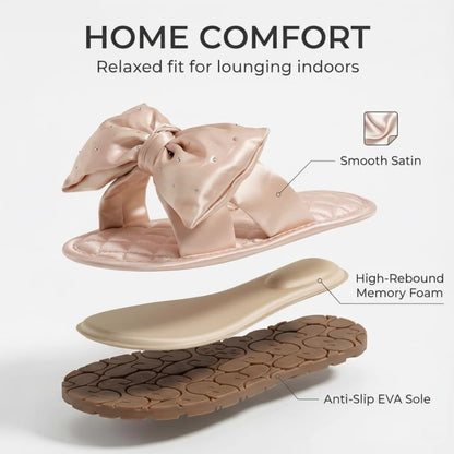 Flat Slippers Satin Sweetheart Bow Elegant Rhinestone Pure Color Bridal Flips Hand Sewn Comfortable Bridemaids Hotel Slides Bridal Shower Gifts for Wedding Home Flops
