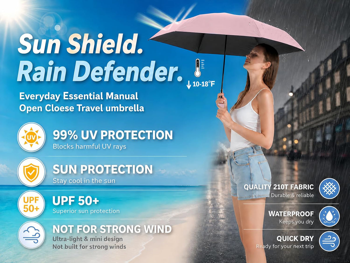 Mini Travel Umbrella with UV Sun Protection, Compact Pocket-Size