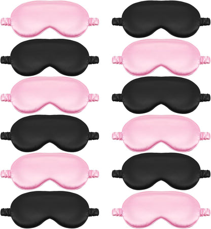 12 Pcs Silk Sleep Masks Soft Satin Eye Masks with Adjustable Elastic Strap for Sleeping Comfortable Blindfold Eyeshade for Men Women Nap Night Travel Gifts(Black, Pink)