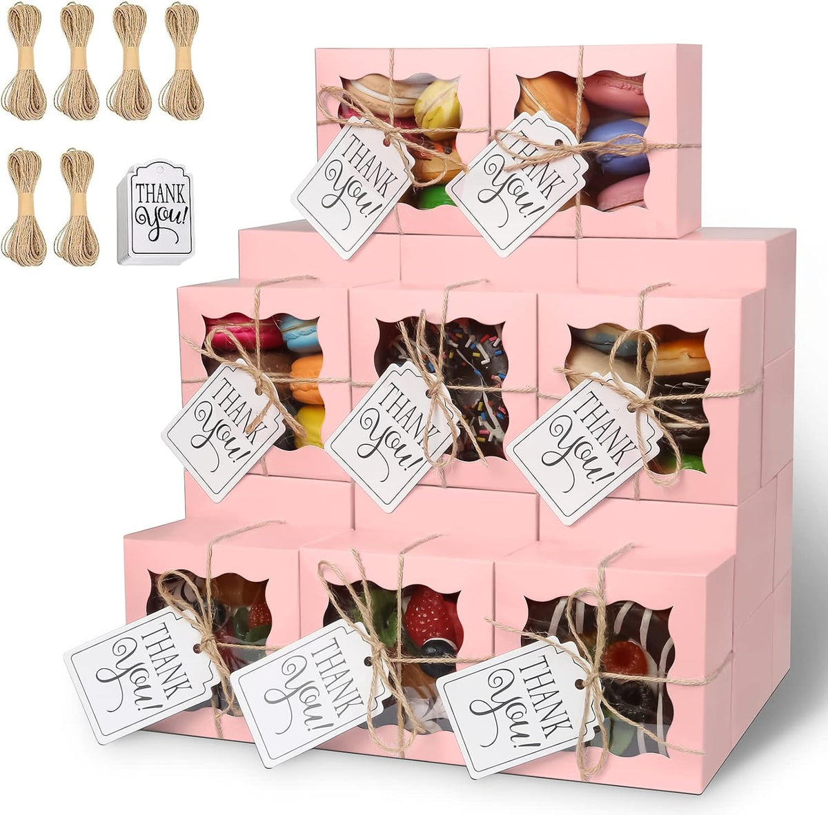 60pcs Small Cookie Boxes with Window, 4x4x2.5 Pink Bakery Box