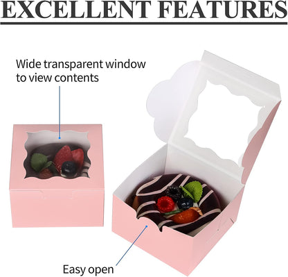 60pcs Small Cookie Boxes with Window, 4x4x2.5 Pink Bakery Box