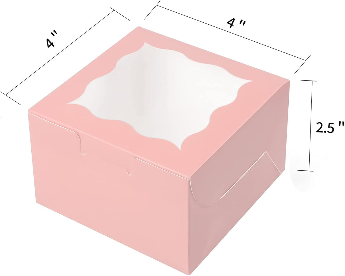 60pcs Small Cookie Boxes with Window, 4x4x2.5 Pink Bakery Box