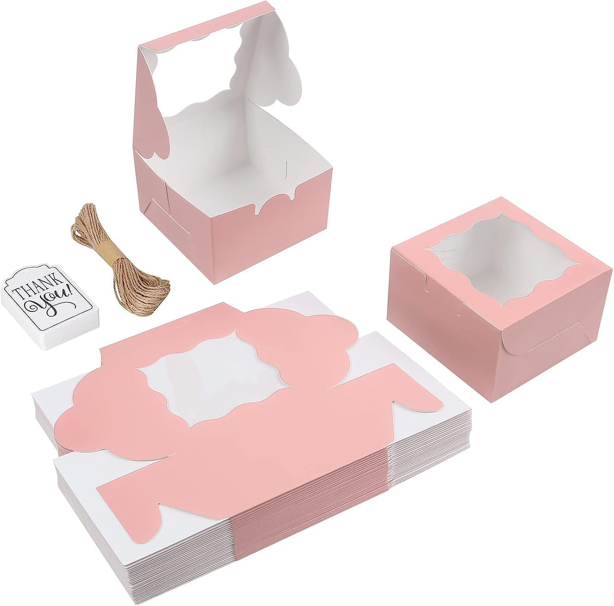 60pcs Small Cookie Boxes with Window, 4x4x2.5 Pink Bakery Box
