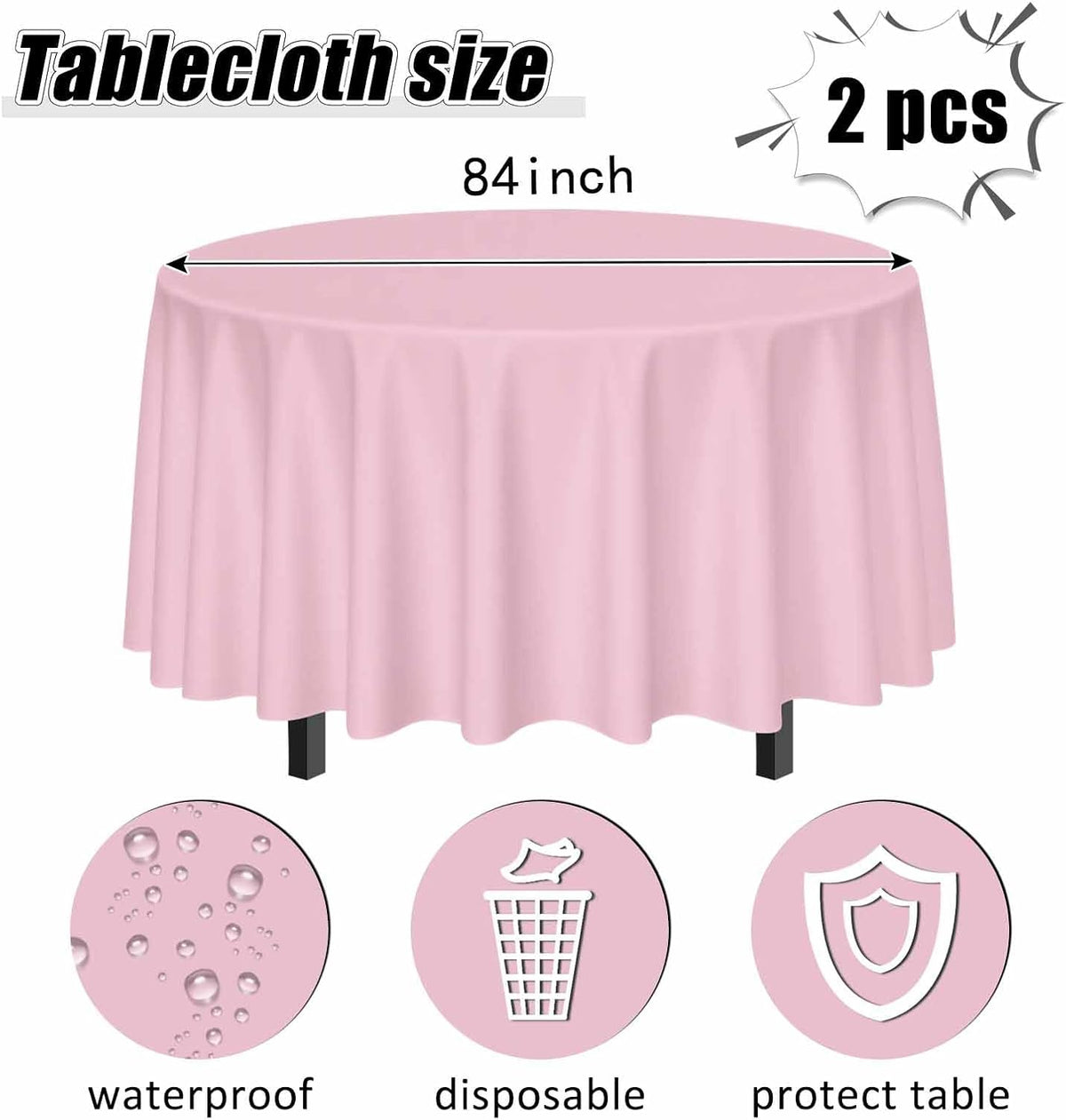 2 Pack Light Pink Tablecloth Round 84 x 84 Plastic Table Cover Waterproof Pink Table Cloth Disposable for Wedding Birthday Baby Shower Party Picnic Circle Tablecloth