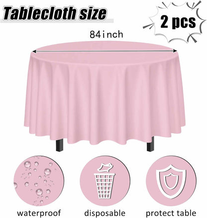 2 Pack Light Pink Tablecloth Round 84 x 84 Plastic Table Cover Waterproof Pink Table Cloth Disposable for Wedding Birthday Baby Shower Party Picnic Circle Tablecloth