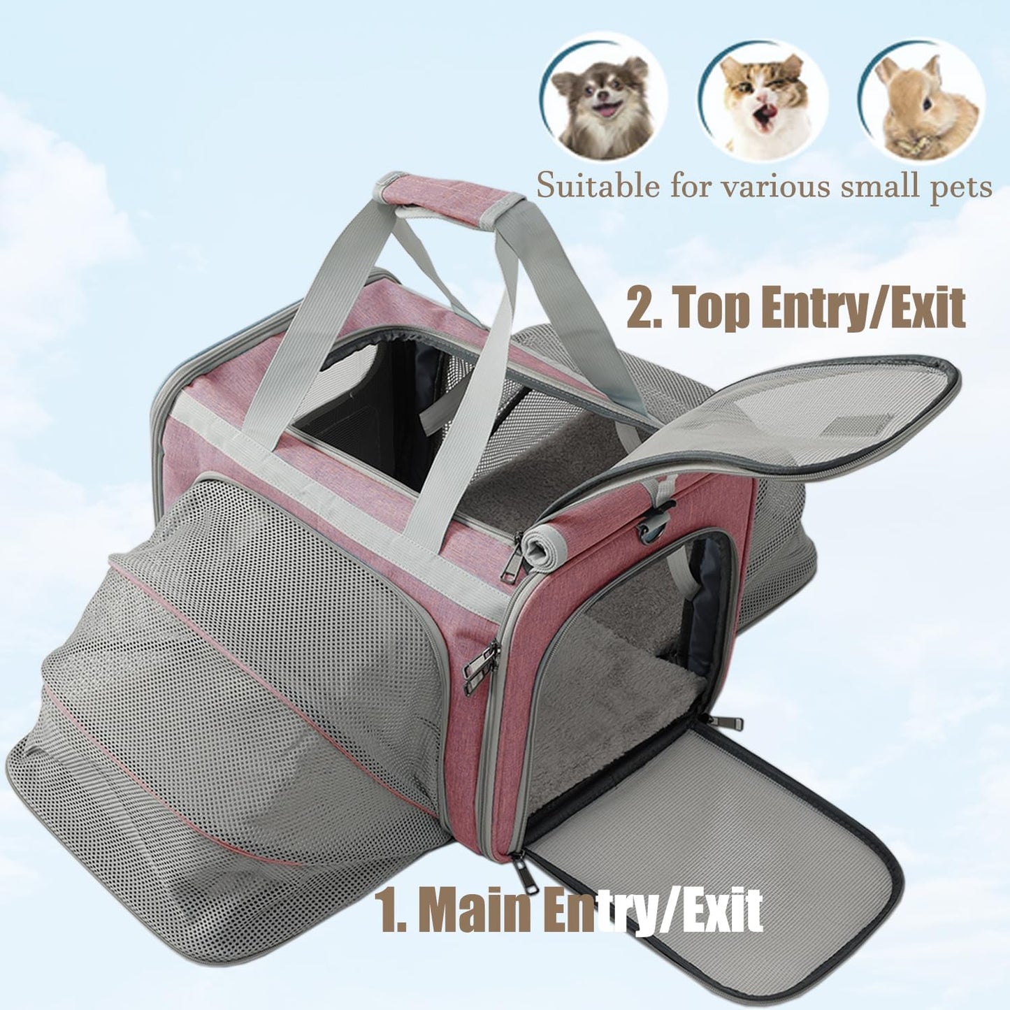 Cats Carrier for Small Dogs Puppy Cat Bag Expandable,Airline Approved,2 Sides Expand,Rabbit Bunny Pets Carriers Small Animals Travel Outdoor Carry Kennel (Pink)