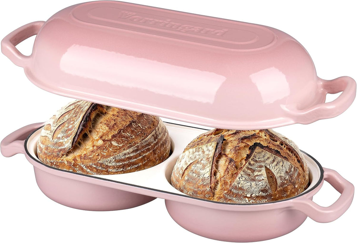 Enameled Cast Iron Double Dutch Oven with Lid, Dual Round Loaf Pan, Bread pan for Homemade Sourdough Bread Baking, Pink