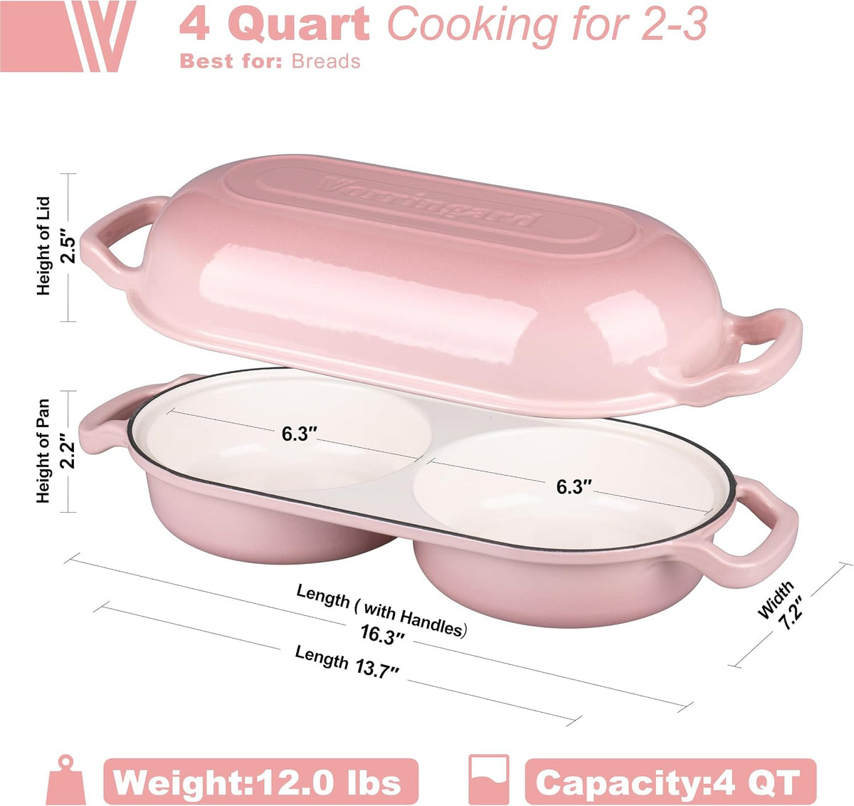 Enameled Cast Iron Double Dutch Oven with Lid, Dual Round Loaf Pan, Bread pan for Homemade Sourdough Bread Baking, Pink