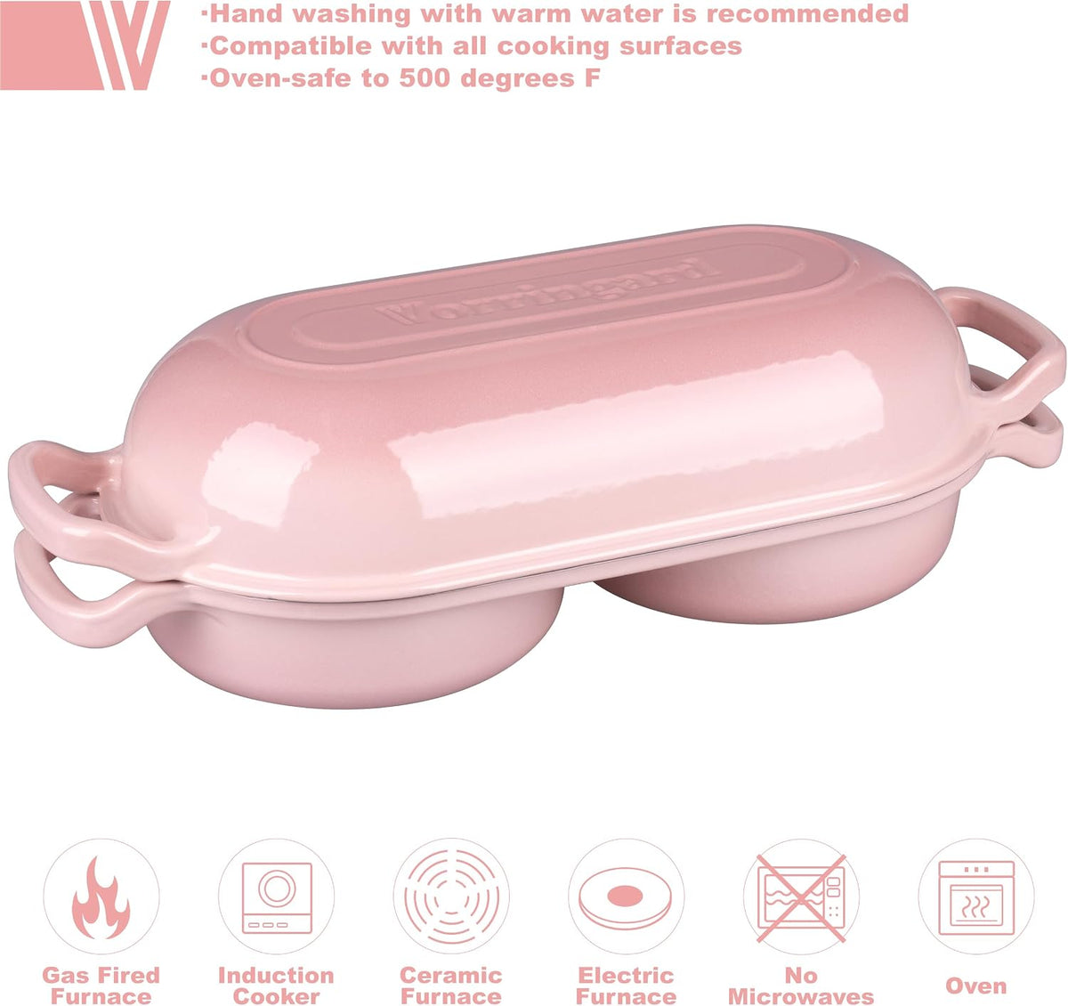 Enameled Cast Iron Double Dutch Oven with Lid, Dual Round Loaf Pan, Bread pan for Homemade Sourdough Bread Baking, Pink