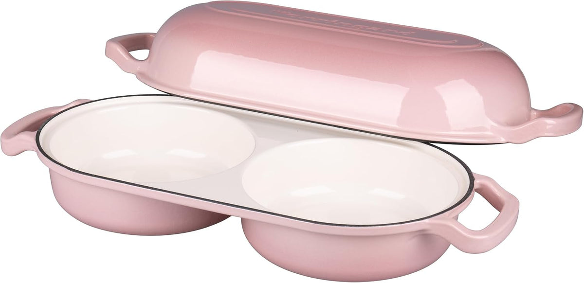 Enameled Cast Iron Double Dutch Oven with Lid, Dual Round Loaf Pan, Bread pan for Homemade Sourdough Bread Baking, Pink