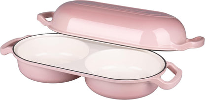 Enameled Cast Iron Double Dutch Oven with Lid, Dual Round Loaf Pan, Bread pan for Homemade Sourdough Bread Baking, Pink