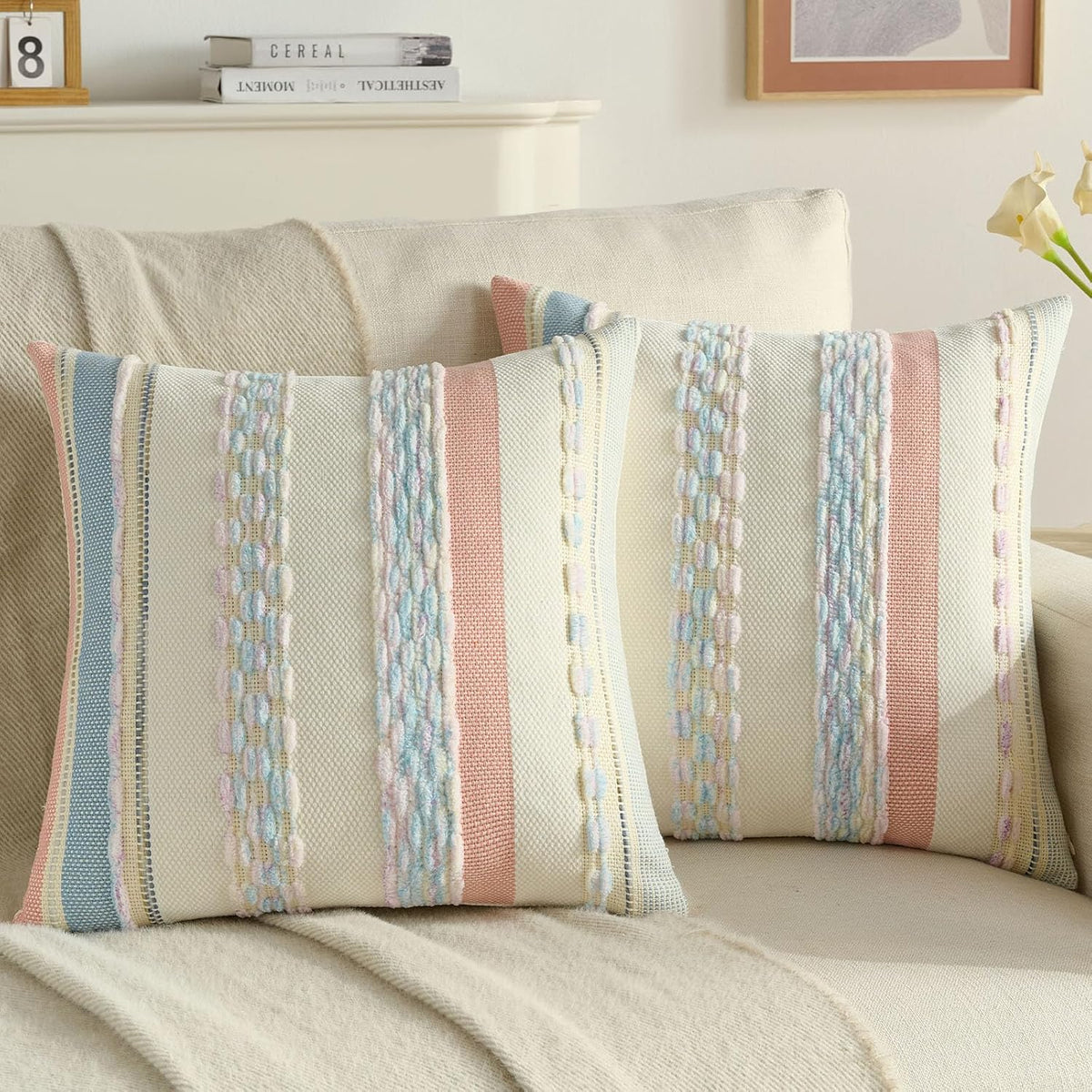Pack of 2 Chenille Throw Pillow Covers 45 x 45 cm,Pink+Blue