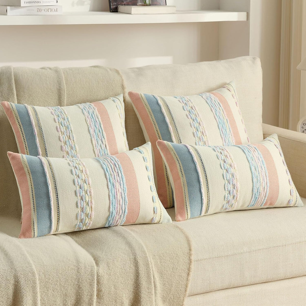 Pack of 2 Chenille Throw Pillow Covers 45 x 45 cm,Pink+Blue