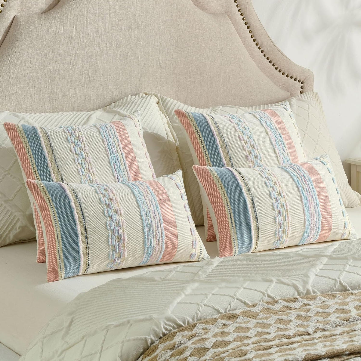 Pack of 2 Chenille Throw Pillow Covers 45 x 45 cm,Pink+Blue