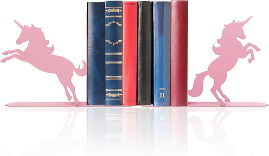 Unicorn Bookends for Kids - Pink Metal Bookshelf Decor, 8.27x1.18x5.98 Inch Children's Book Holders, Cute Unicorn Room Decor for Girls Bedrooms