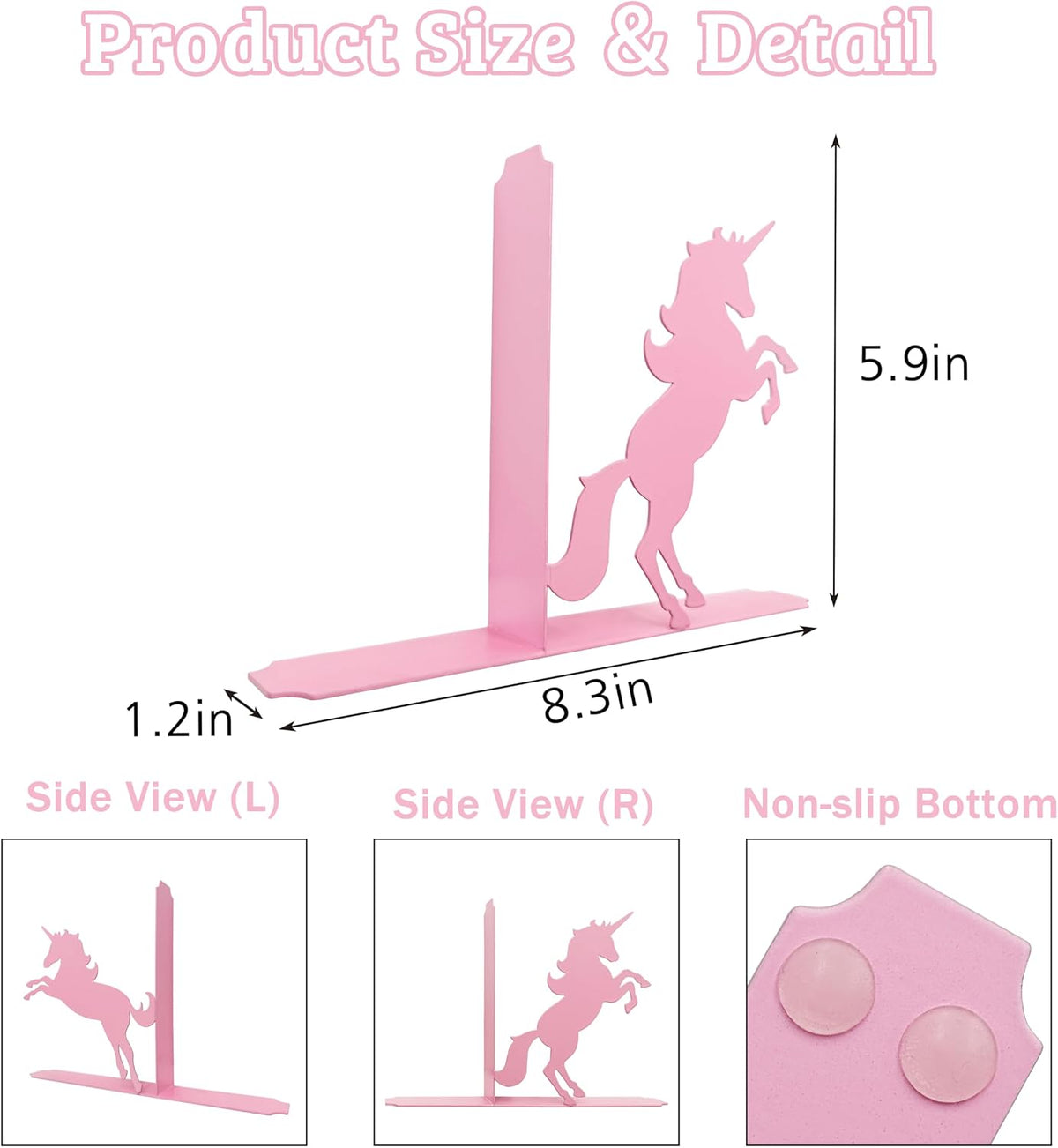 Unicorn Bookends for Kids - Pink Metal Bookshelf Decor, 8.27x1.18x5.98 Inch Children's Book Holders, Cute Unicorn Room Decor for Girls Bedrooms