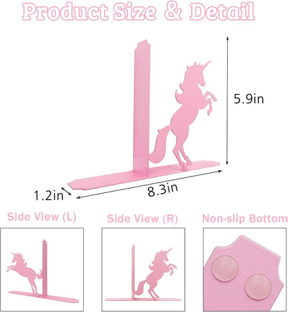 Unicorn Bookends for Kids - Pink Metal Bookshelf Decor, 8.27x1.18x5.98 Inch Children's Book Holders, Cute Unicorn Room Decor for Girls Bedrooms