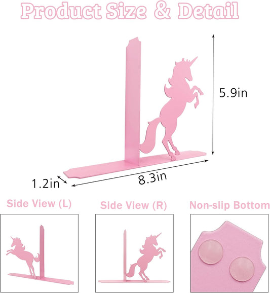 Unicorn Bookends for Kids - Pink Metal Bookshelf Decor, 8.27x1.18x5.98 Inch Children's Book Holders, Cute Unicorn Room Decor for Girls Bedrooms
