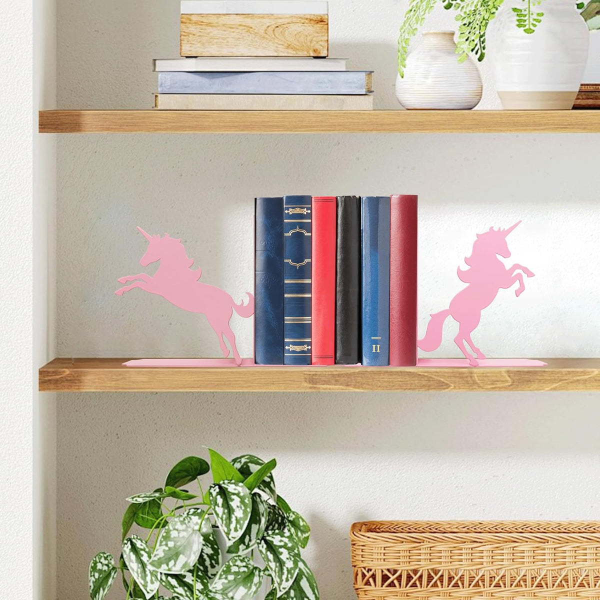 Unicorn Bookends for Kids - Pink Metal Bookshelf Decor, 8.27x1.18x5.98 Inch Children's Book Holders, Cute Unicorn Room Decor for Girls Bedrooms