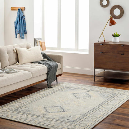 Zeno Wool Living Room, Bedroom Area Rug - Medallion Border Geometric Diamond Floral - Traditional Oriental Tribal Transitional - Light Gray, Eggplant, Gray, Beige, Yellow - 2' x 3'