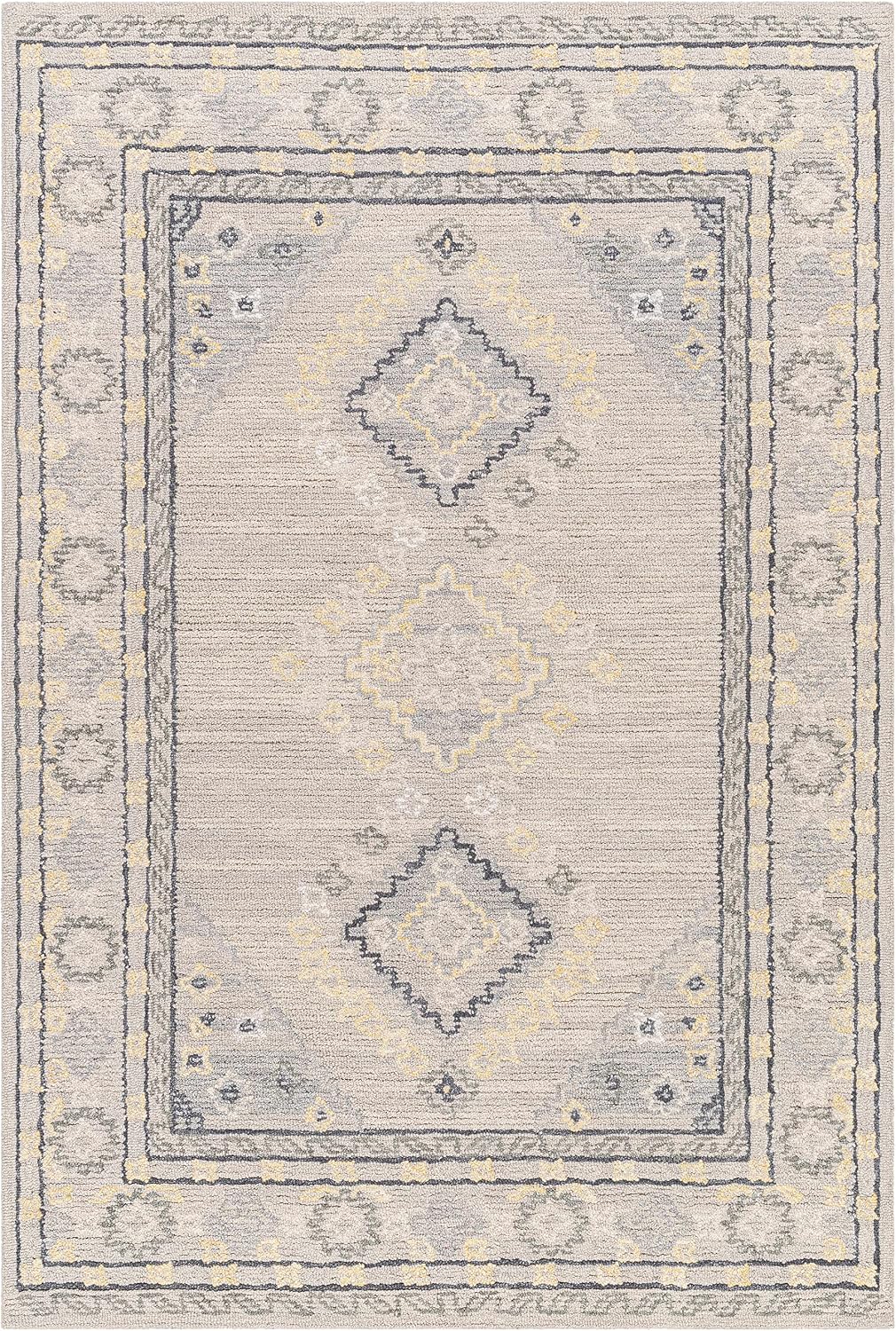 Zeno Wool Living Room, Bedroom Area Rug - Medallion Border Geometric Diamond Floral - Traditional Oriental Tribal Transitional - Light Gray, Eggplant, Gray, Beige, Yellow - 2' x 3'