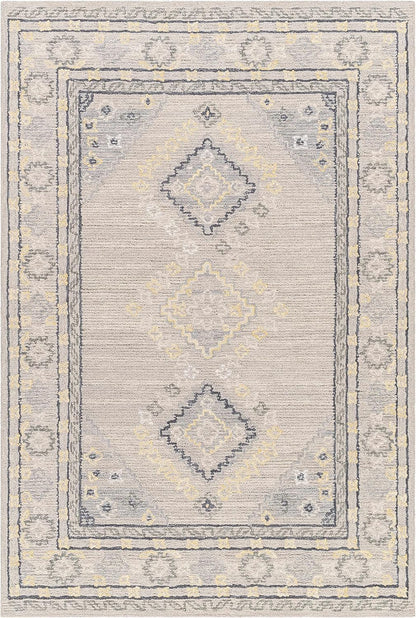 Zeno Wool Living Room, Bedroom Area Rug - Medallion Border Geometric Diamond Floral - Traditional Oriental Tribal Transitional - Light Gray, Eggplant, Gray, Beige, Yellow - 2' x 3'