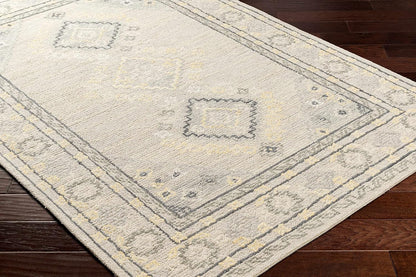 Zeno Wool Living Room, Bedroom Area Rug - Medallion Border Geometric Diamond Floral - Traditional Oriental Tribal Transitional - Light Gray, Eggplant, Gray, Beige, Yellow - 2' x 3'