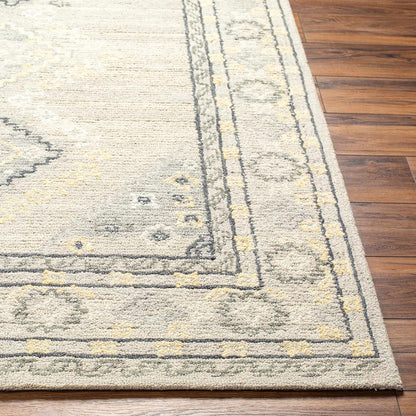 Zeno Wool Living Room, Bedroom Area Rug - Medallion Border Geometric Diamond Floral - Traditional Oriental Tribal Transitional - Light Gray, Eggplant, Gray, Beige, Yellow - 2' x 3'