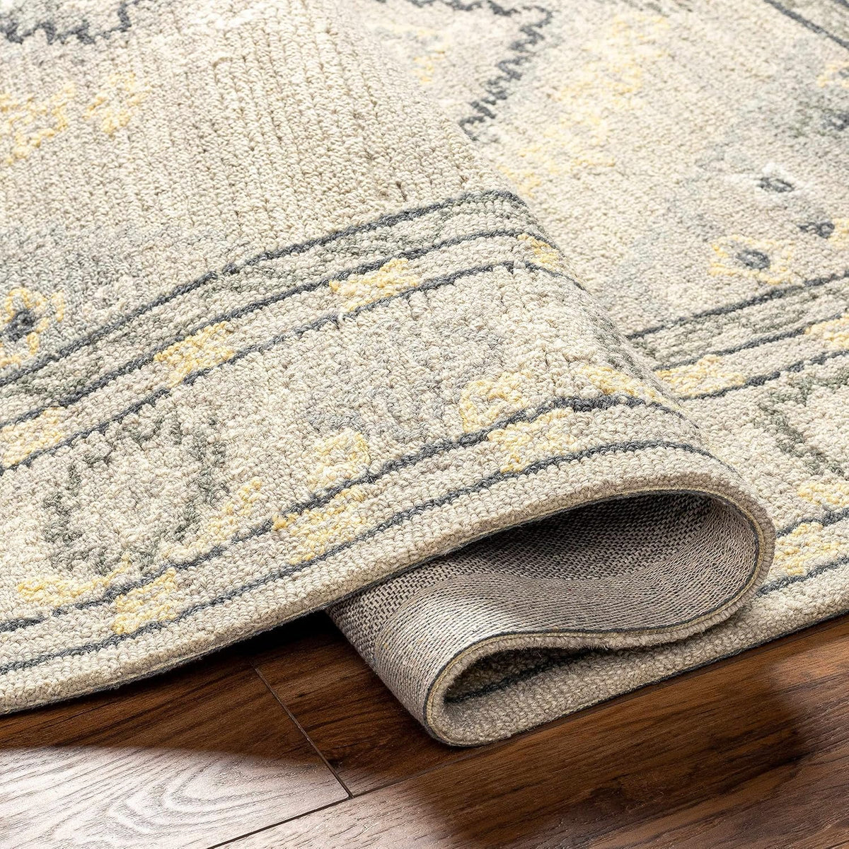 Zeno Wool Living Room, Bedroom Area Rug - Medallion Border Geometric Diamond Floral - Traditional Oriental Tribal Transitional - Light Gray, Eggplant, Gray, Beige, Yellow - 2' x 3'